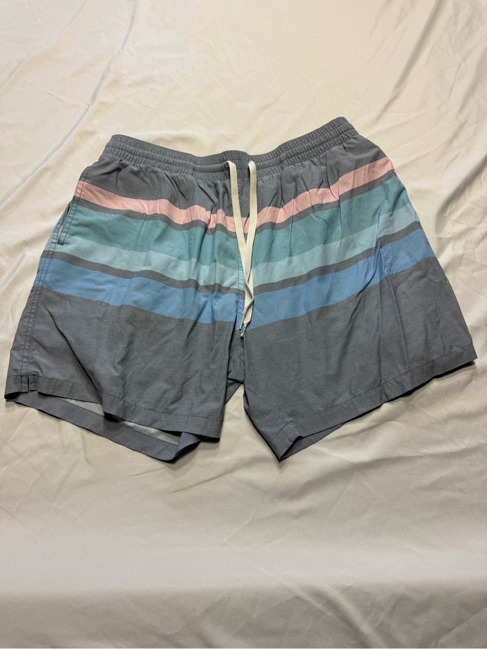 chubbies Gray Swim Trunks with Pastel Blue and Pink Stripes